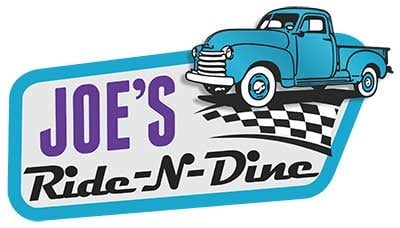 Joes Ride-N-Dine retro diner logo featuring a blue 1950s pickup truck on a checkered floor