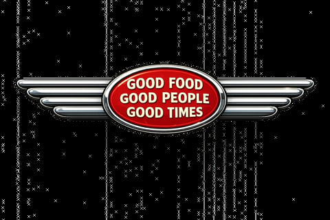 Red and silver emblem with wings reading Good Food Good People Good Times