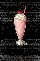 Pink milkshake with whipped cream, cherry, and striped straw