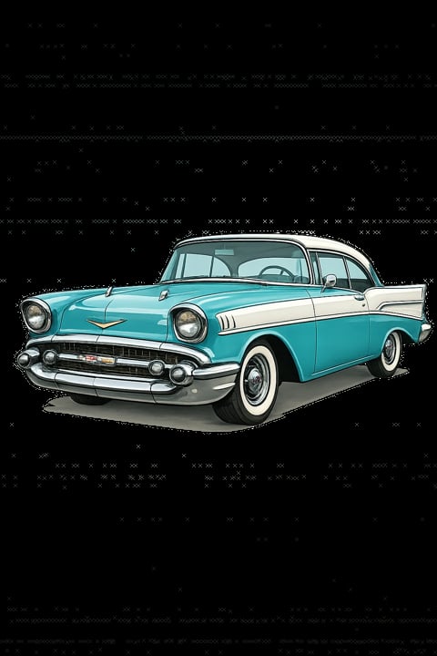 Vintage 1957 Chevrolet Bel Air car in turquoise and white