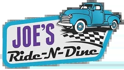 Joes Ride-N-Dine retro diner logo featuring a blue 1950s pickup truck on a checkered floor